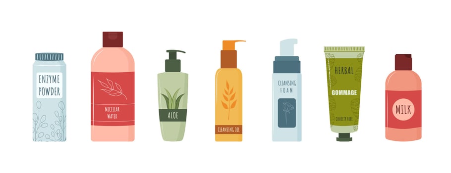 Set of deep cleansing cosmetics. Skin care. Morning routine. Face makeup removal. Hand drawn beauty product. illustration in flat cartoon style vector