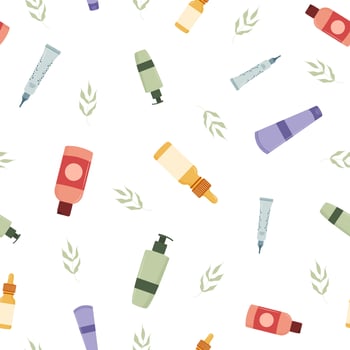 Seamless pattern with beauty products. Facial natural organic cosmetic. Hand drawn icons. illustration in flat cartoon style vector