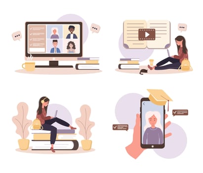 Online education. Flat design concept of training and tutorials. Student learning at home. illustration for website banner, marketing material, presentation template, online advertising. vector