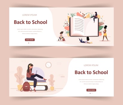Welcome back to school. Girls reading book. Smart students. Women cartoon character. Modern illustration in flat style. Web banner for diverse education community and creativity. vector