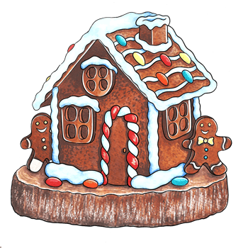 A delightful gingerbread house adorned with two charming gingerbread men and surrounded by colorful candy canes placed on a tree stump png