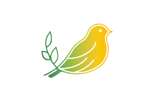 A stylized yellow bird perched on a green branch with leaves. png
