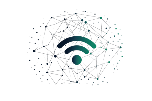 A stylized Wi-Fi symbol featuring curved lines and a central dot, representing wireless connectivity and network access. png
