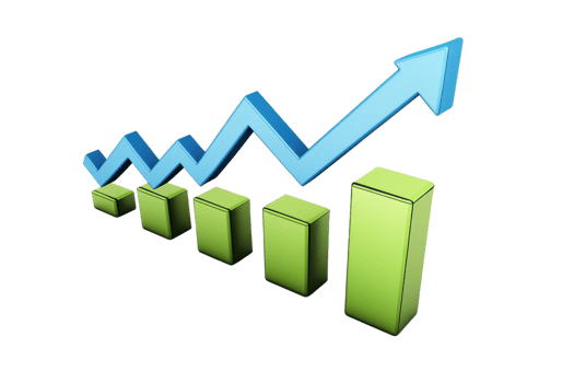 3D bar graph with rising arrow, symbolizing growth and success in business, finance, and analytics. png