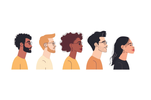 Five diverse illustrated profiles of people, showcasing varying hairstyles, skin tones, and expressions in a side view. png