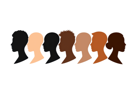 A sequence of human silhouettes showcasing diverse skin tones in profile. png
