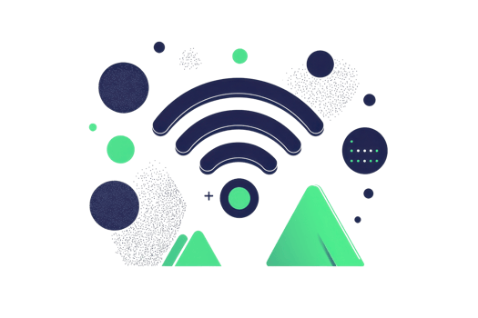 A stylized design featuring wireless signal waves, geometric shapes, and mountain-like forms in vibrant colors. png