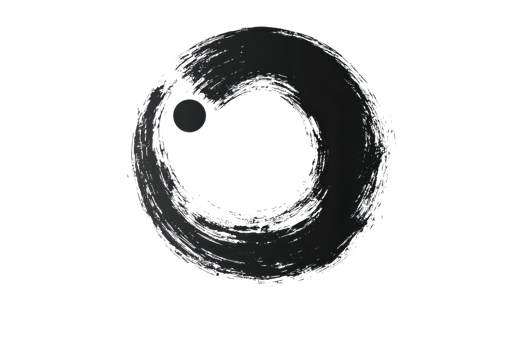 A circular brushstroke forming an incomplete loop, with a small dot inside, conveying simplicity and balance. png