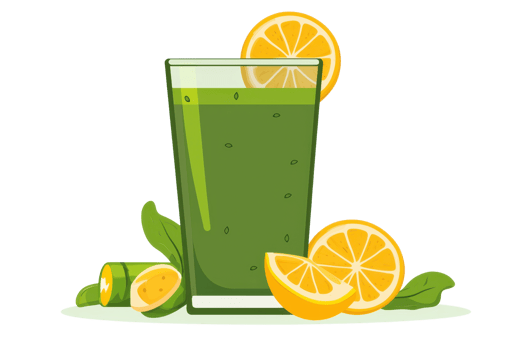 A refreshing green beverage garnished with lemon slices and cucumber, served in a tall glass on a plate. png