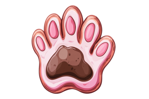 A stylized illustration of a paw print with soft pink pads and a chocolate-colored central pad. png