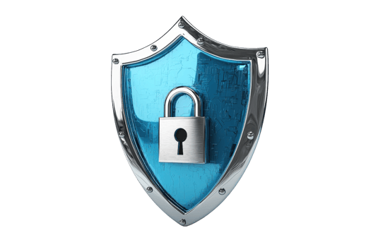 A blue shield with a silver lock representing strong security and protection. Ideal for concepts of safety, privacy, and cyber defense. png