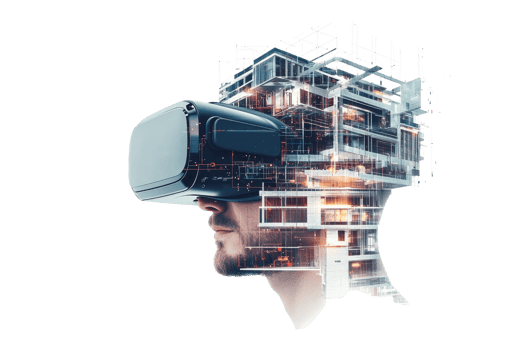 A man wearing a virtual reality headset with a digital architectural structure overlaid onto his silhouette. png