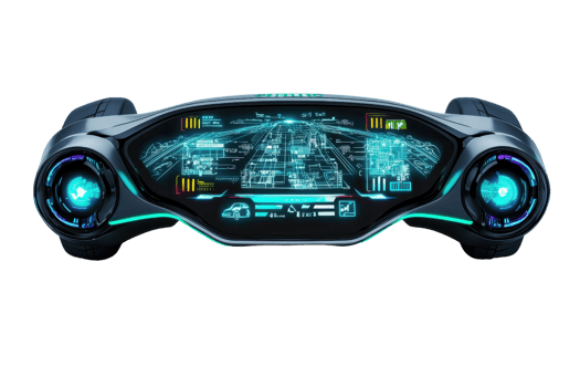 A futuristic dashboard display featuring holographic elements, vibrant lights, and high-tech interfaces that convey data and navigation information. png