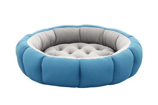 A round pet bed featuring a plush, tufted design with a blue exterior and soft, gray interior for comfort. png