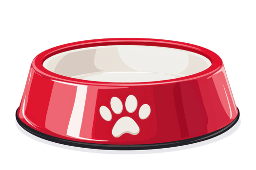 A bright red pet food bowl featuring a white paw print design. png