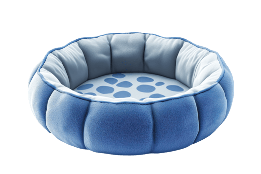 A cozy blue pet bed featuring plush cushioning and a polka dot design on the inner surface. png
