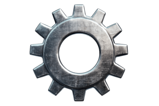 A metallic gear with an industrial design featuring distinct teeth and a central hole, embodying mechanical functionality. png