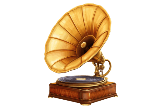 A vintage gramophone featuring a large, flared horn and a wooden base, known for its classic design and historical significance in music playback. png