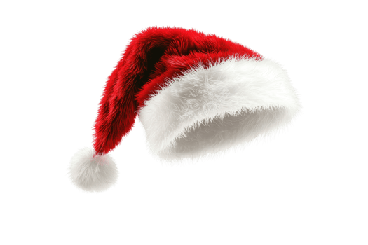 A festive Santa hat featuring a red body with a white fluffy trim and a pom-pom on top. png