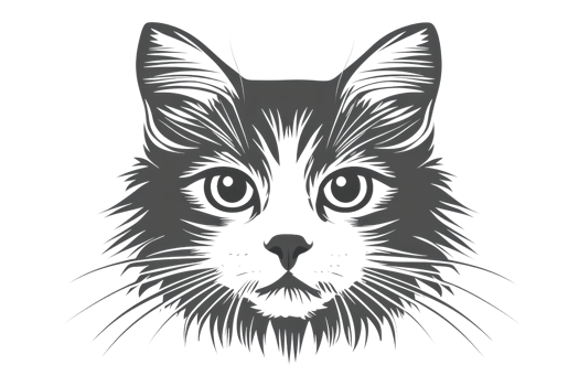 A detailed illustration of a cat's face, featuring prominent eyes and whiskers, showcasing intricate fur textures. png