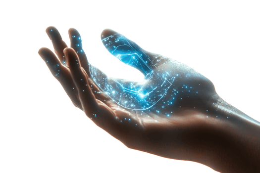 A semi-transparent hand emits glowing blue particles against a dark background, symbolizing technology and connection. png