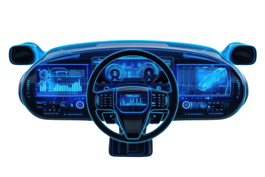 A futuristic car dashboard featuring digital displays, controls, and vibrant blue accents. png