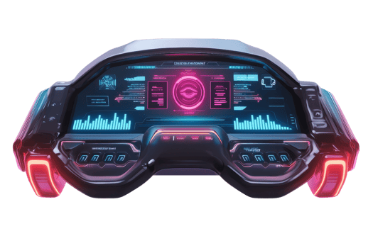 A futuristic control panel featuring vibrant displays, buttons, and digital interfaces designed for advanced technology. png