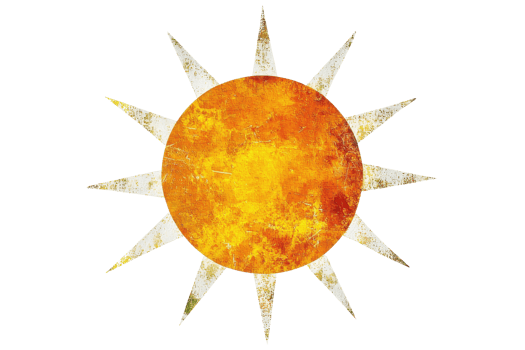 A stylized illustration of the sun featuring a bright yellow orb surrounded by pointed rays, symbolizing warmth and illumination. png