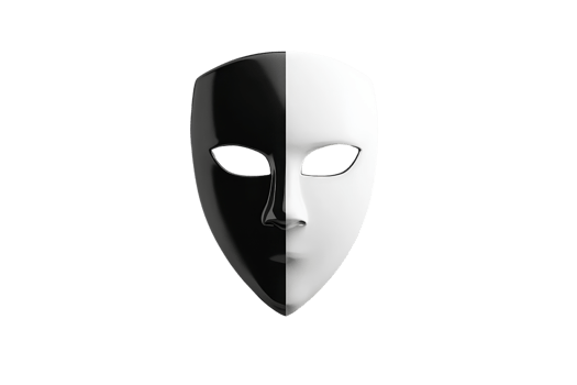 A striking half white and half black mask symbolizes duality and contrast, standing out against a stark transparent background. png