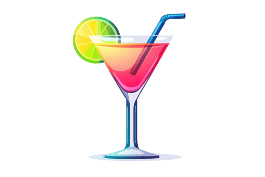 A vibrant cocktail illustration featuring a colorful gradient drink garnished with a lime slice and straw in a stylish glass. png