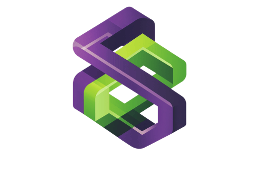 Abstract 3D geometric logo with interlocking purple and green shapes, representing modern design and creativity, perfect for branding use. png