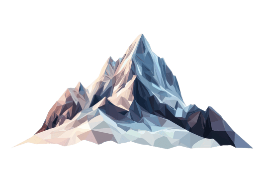 Abstract geometric mountain illustration in shades of blue and white, featuring sharp peaks and angular shapes, capturing a modern aesthetic. png