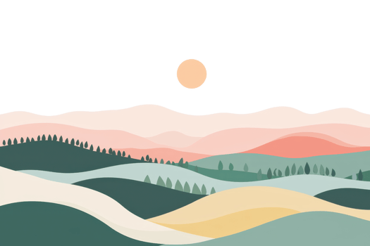 Abstract landscape illustration with layered hills and sun in pastel colors, depicting a serene nature scene. png
