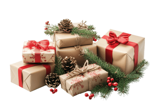 A festive arrangement of wrapped holiday gifts adorned with bows, pine cones, and evergreen branches, perfect for Christmas celebrations. png