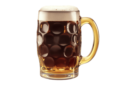 A frothy glass of dark beer served in a traditional mug, showcasing rich color and inviting texture against a plain background. png
