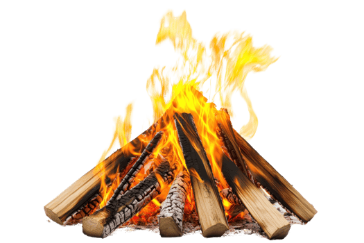 A warm, glowing campfire with vibrant flames and wooden logs, perfect for outdoor adventures and cozy gatherings under the night sky. png