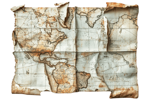 A vintage, weathered world map with torn edges displaying continents and oceans in earthy tones for historical or travel-themed designs. png