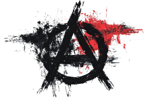 Abstract anarchy symbol with bold paint splatters in black and red, embodying rebellious spirit and counterculture expression. png