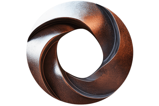 Abstract metallic sculpture in a twisted circular form, displaying intricate textures and patterns, showcasing modern geometric art. png