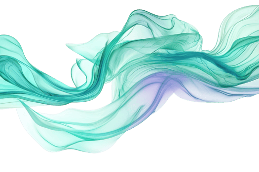 Abstract teal and purple smoke-like waves create a fluid motion effect on a transparent background. embodying a sense of tranquility and creativity. png