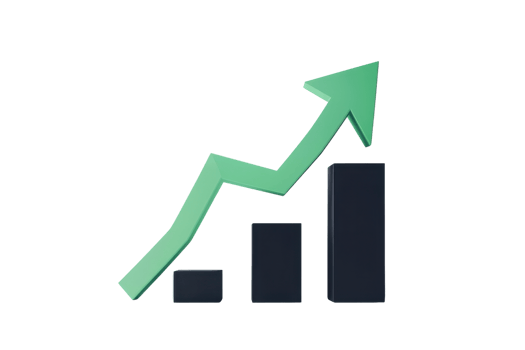 Business growth concept with a green arrow pointing upwards on a bar chart, symbolizing success, progress, and financial improvement. png