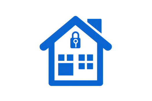 Blue house icon with a lock symbol representing home security and protection. Ideal for smart home technology concepts and safety articles. png