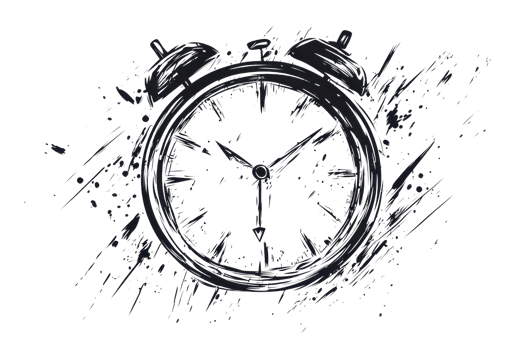 Artistic black and white alarm clock with ink splatter effect, symbolizing time, urgency, and creativity in a dynamic visual style. png