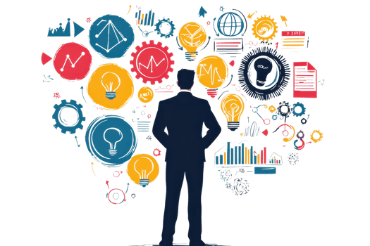 Businessman silhouette with various colorful icons representing ideas, growth, and productivity. Concept of innovation and success. png