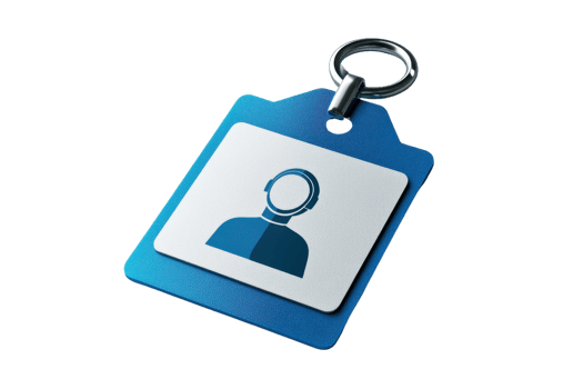 Blue metallic keychain with digital person icon on white card. Perfect for representing identity, security, and personalization concepts. png