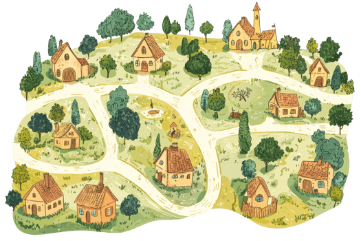 Charming illustrated map of a small village with winding paths, cozy houses, and lush greenery, evoking a sense of peace and community. png