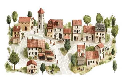 Charming watercolor illustration of a quaint village scene with rustic buildings and lush greenery, capturing a peaceful and nostalgic vibe. png