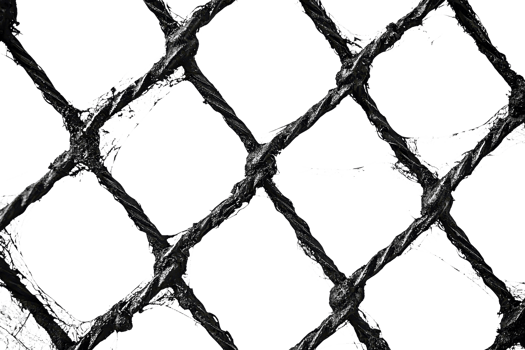 Close-up of a black chain-link fence against a transparent background. The pattern and texture of the metal mesh create an industrial aesthetic. png