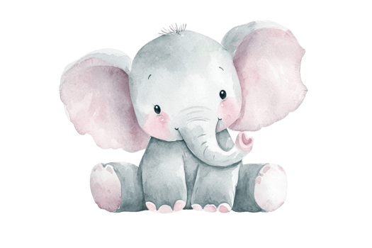Adorable watercolor baby elephant sitting with big ears and blushing cheeks. Ideal for nursery art, greeting cards, or children's decor. png
