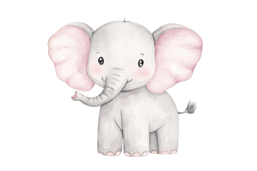 Adorable watercolor baby elephant illustration with rosy cheeks and big ears, perfect for nursery decor or children's book designs. png
